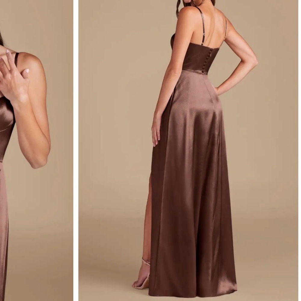 NWT Azazie Halsey Espresso A-Line Side Slit Metallic Satin Dress size 14 - Picture 2 of 12